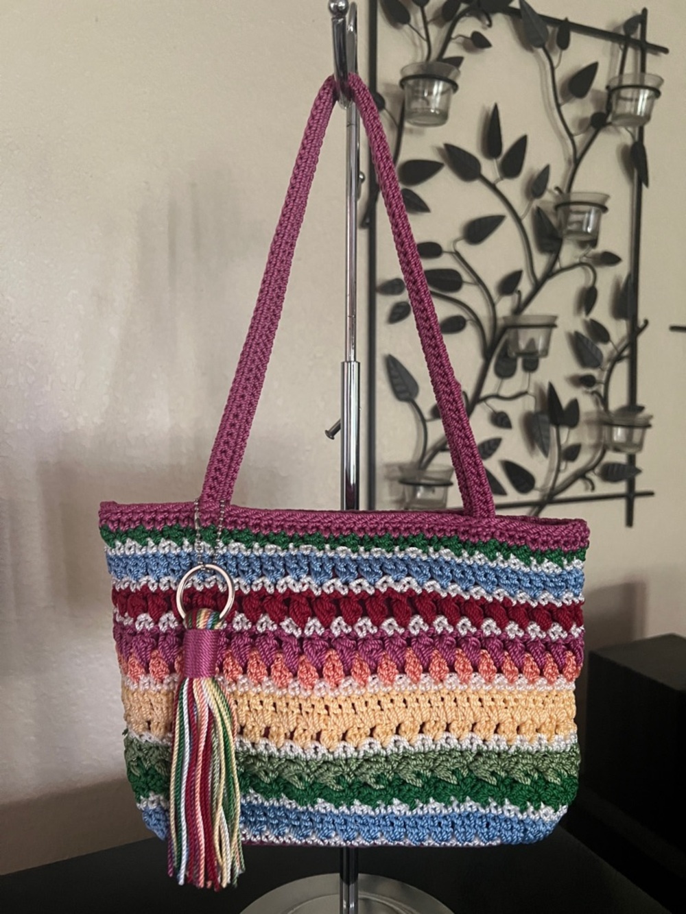 The Sak Multicolor Striped Crochet Mini Bag with Pink Handles
